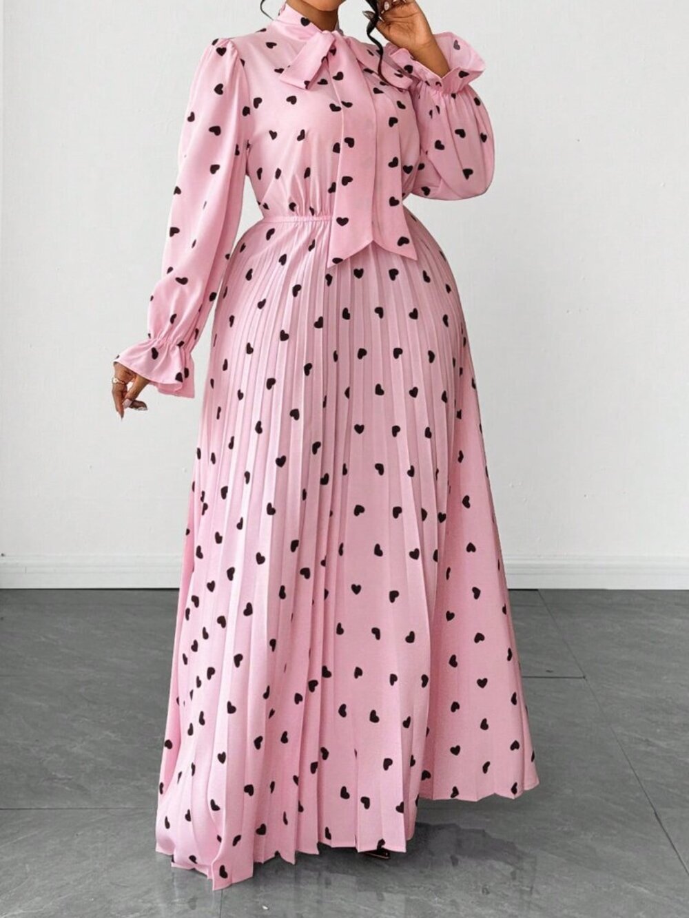 Baby Pink Elegant Women's Plus Size Polka Dot Ruffle Casual Dress